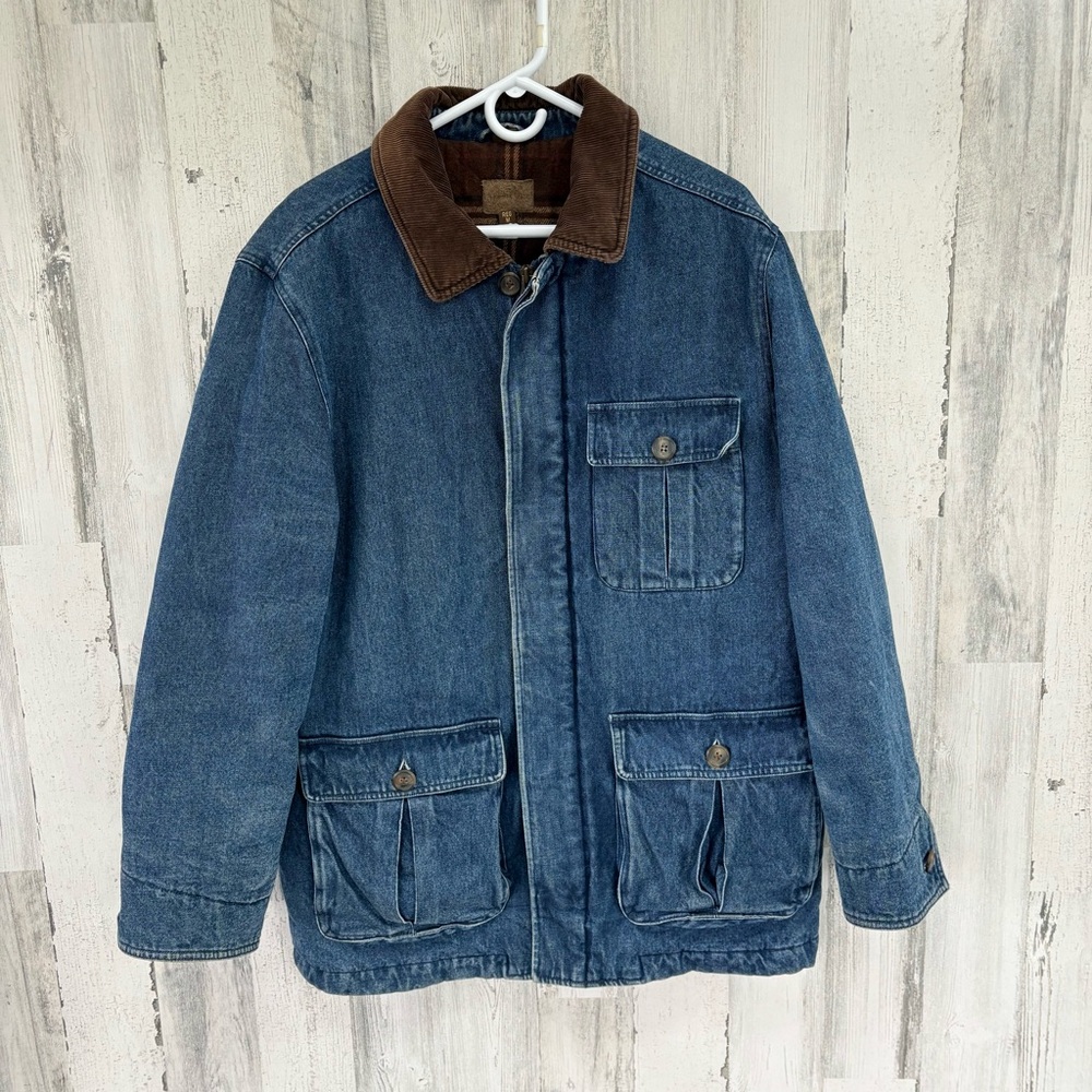 St Johns Bay Men’s Size Medium Blue Denim Flannel Lined Barn/Chore Jacket